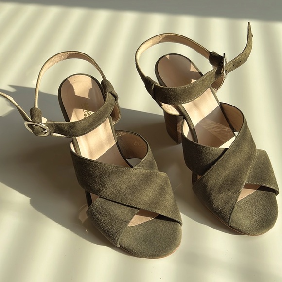 Sapena sandals Suede leather, made in Spain, olive green block heel - Picture 3 of 12